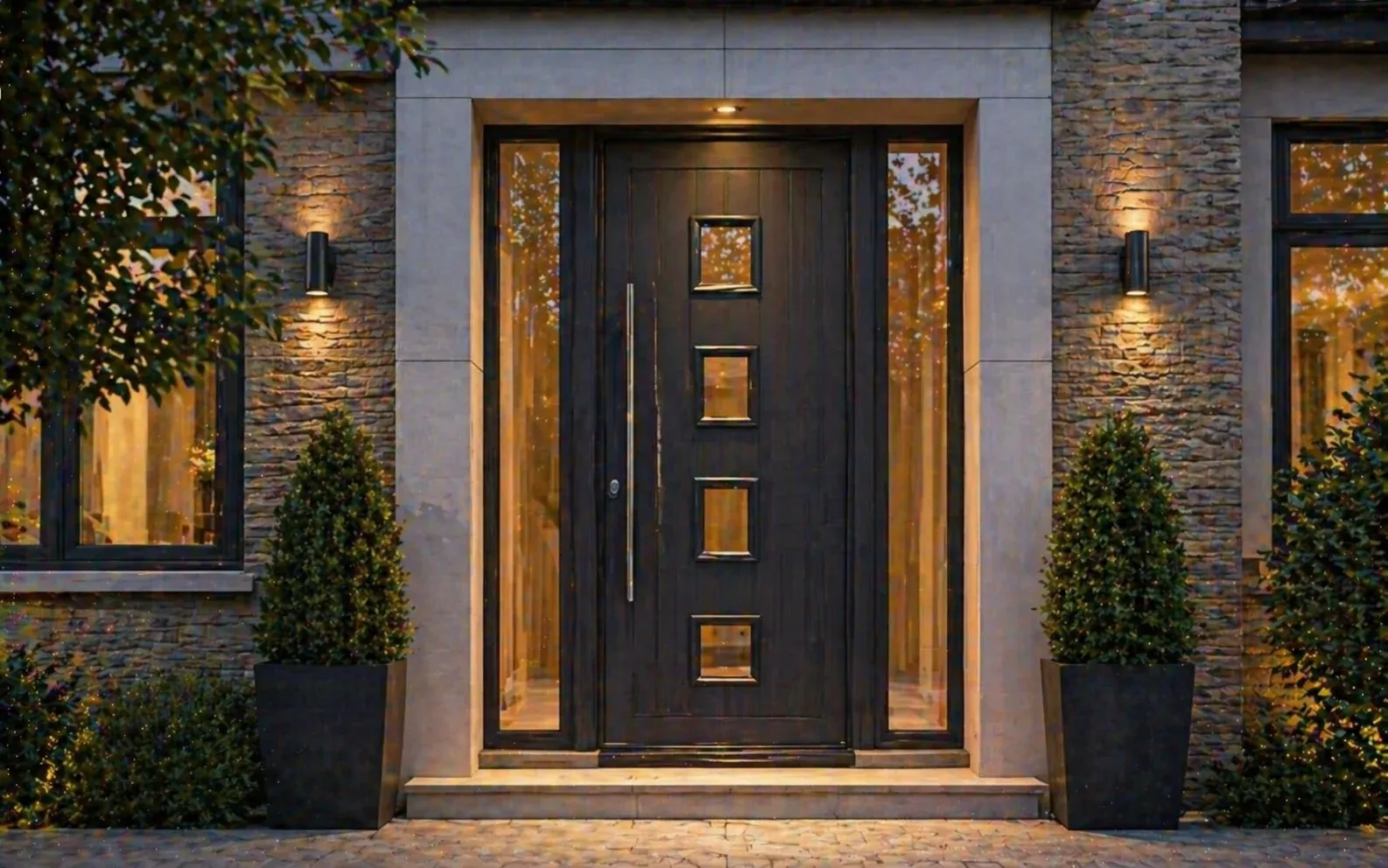 Contemporary residential front door with glazed side panels