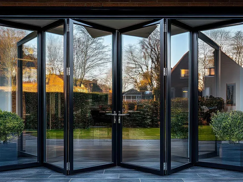 Aluminium bifold doors opening a living space to a landscaped garden