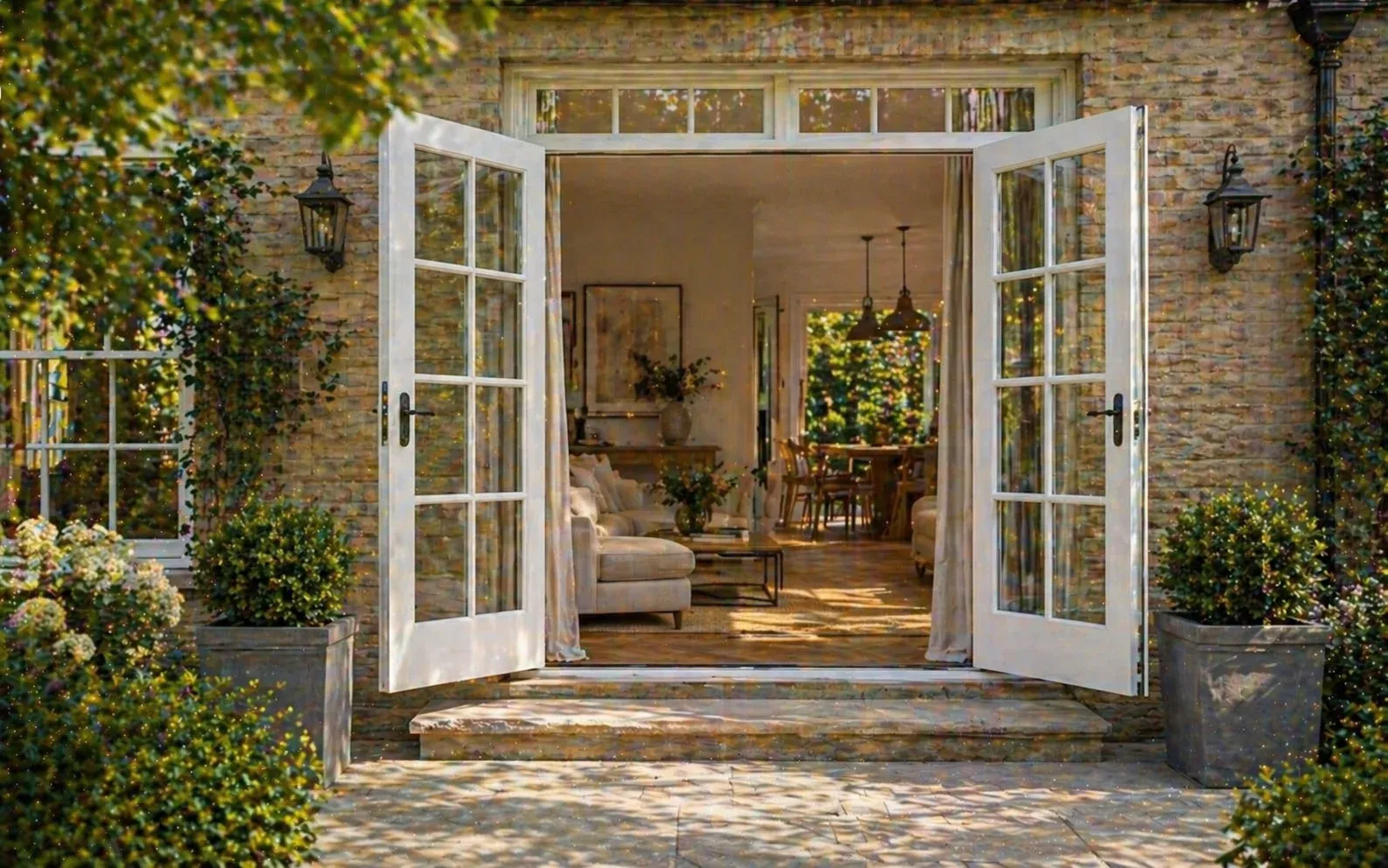 Paired glazed French doors opening onto a residential garden patio