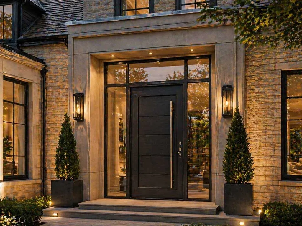 Dark contemporary entrance door with glazed side panels