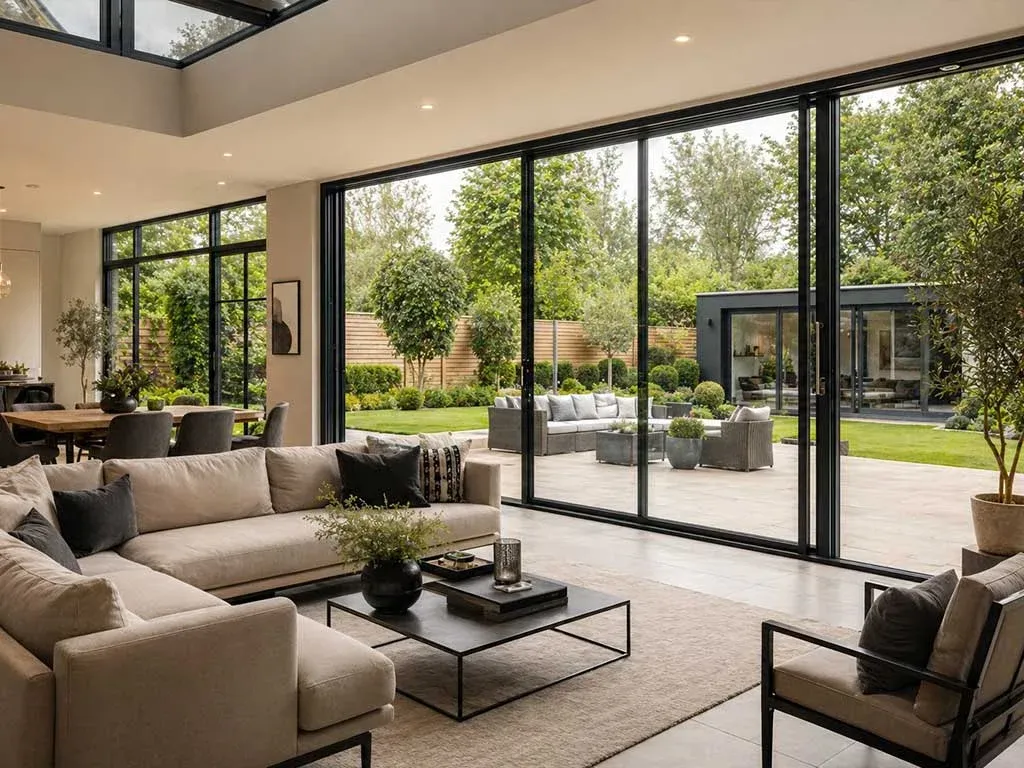 Glazed living area with wide sliding doors opening onto a garden