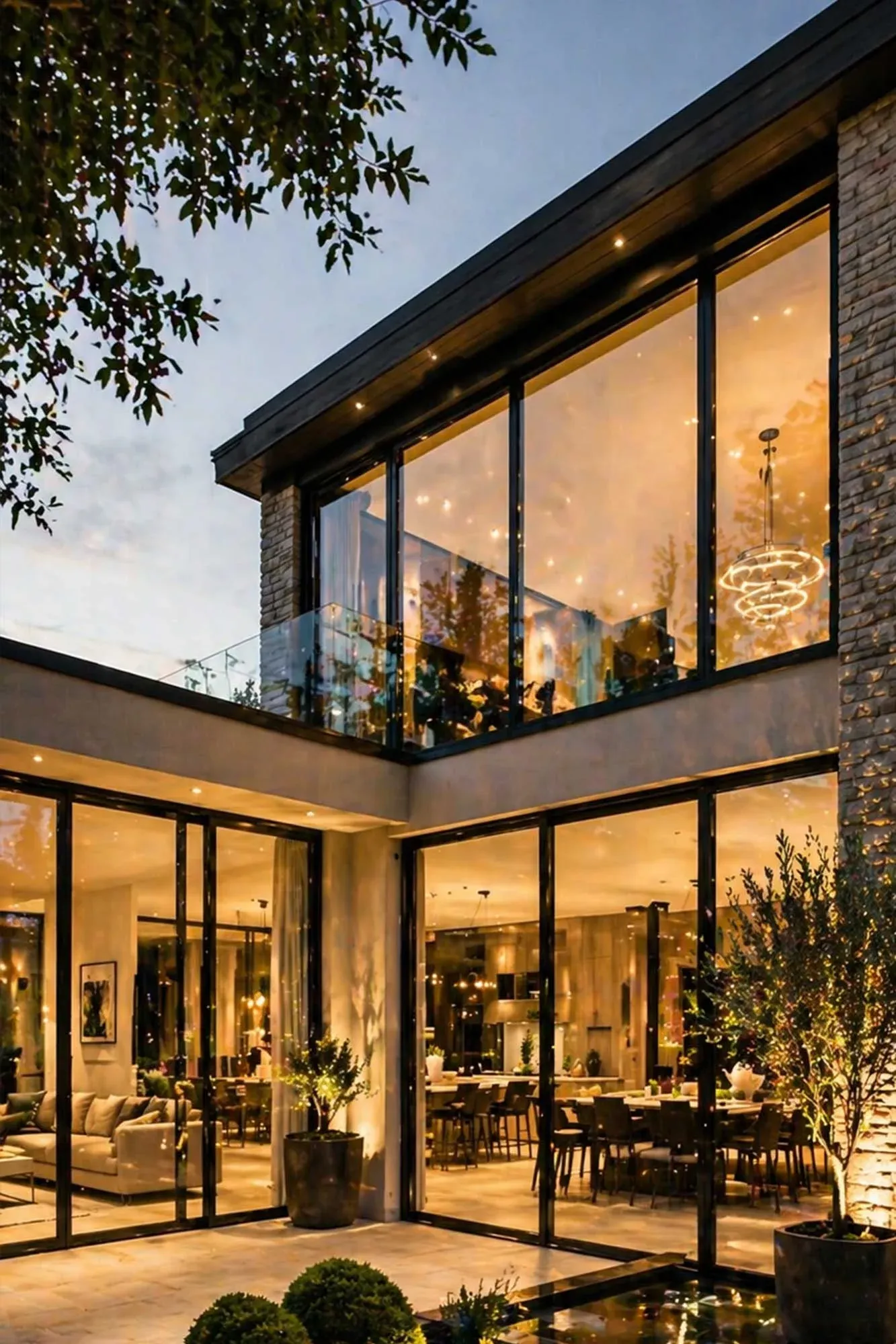 Contemporary home with full-height dark-framed windows and doors