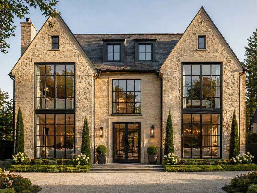 Stone home with coordinated dark-framed windows and entrance door