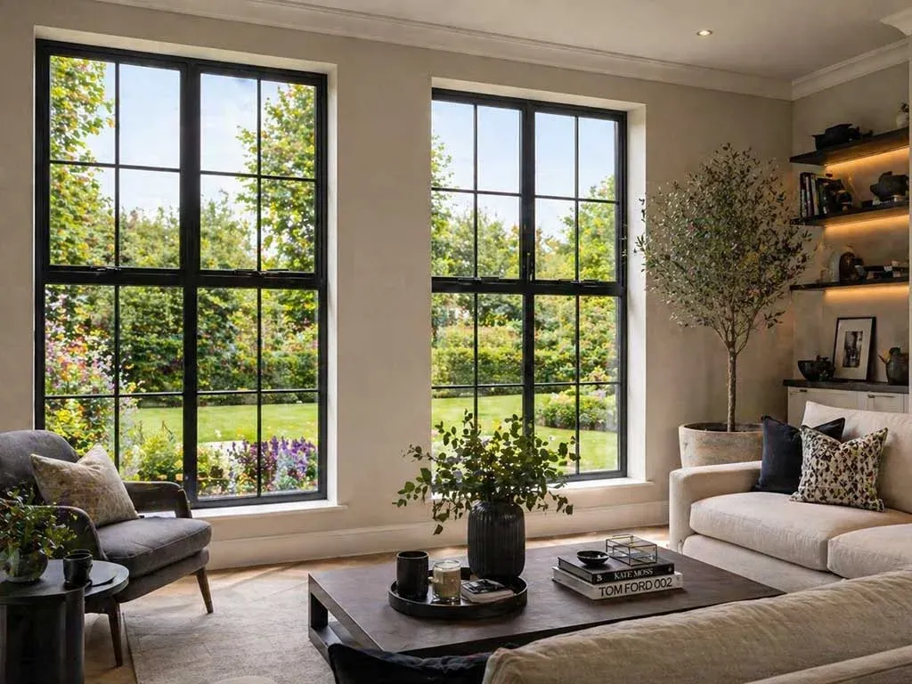 Dark-framed windows overlooking a garden from a living room