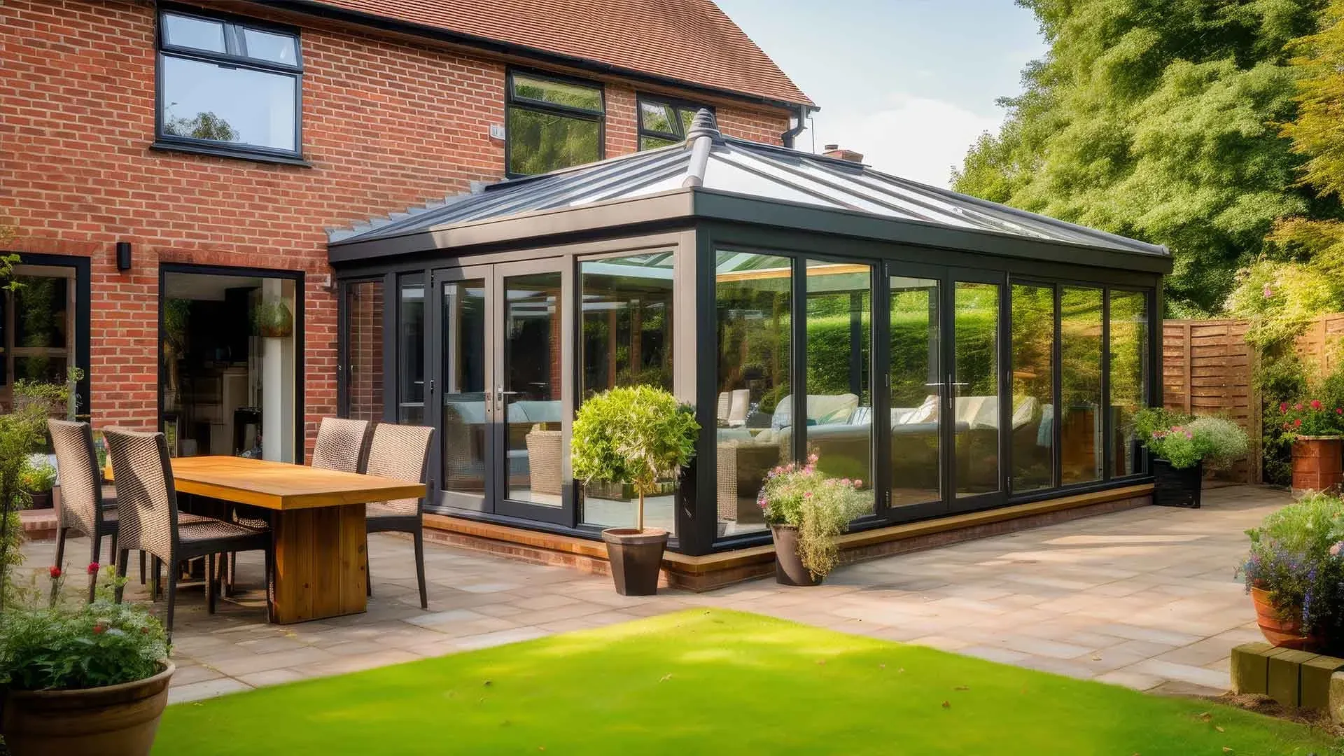 Dark-framed glazed extension connected to a brick home and garden