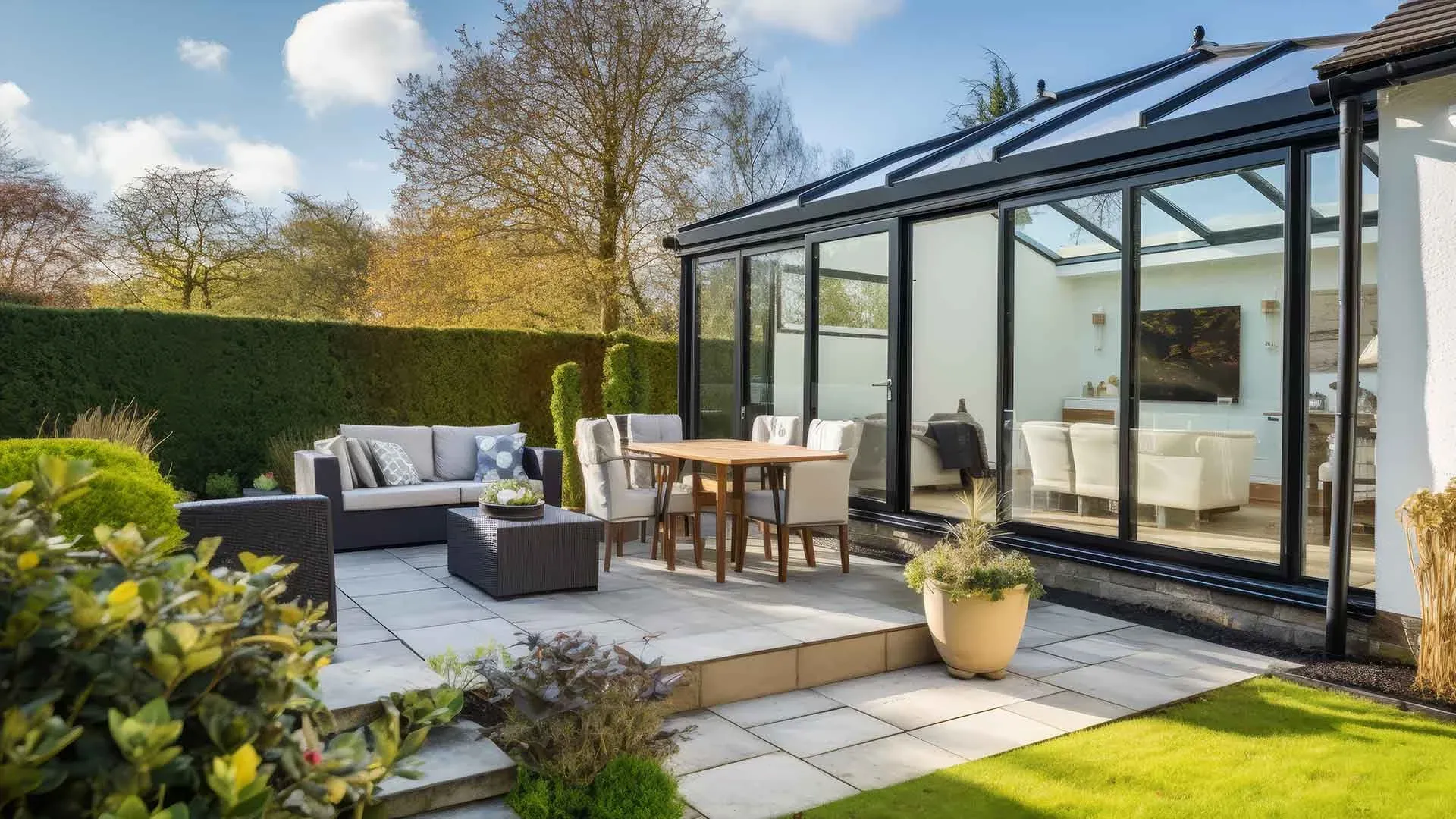 Dark-framed glazed addition opening onto a garden terrace