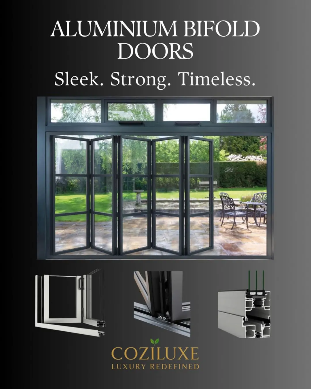 Coziluxe promotional post showing aluminium bifold doors and frame details