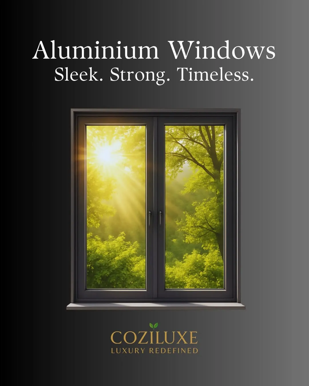 Coziluxe promotional post showing a dark aluminium casement window