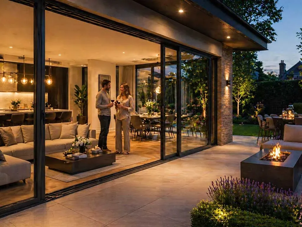 Large dark-framed aluminium sliding doors opening to a garden terrace