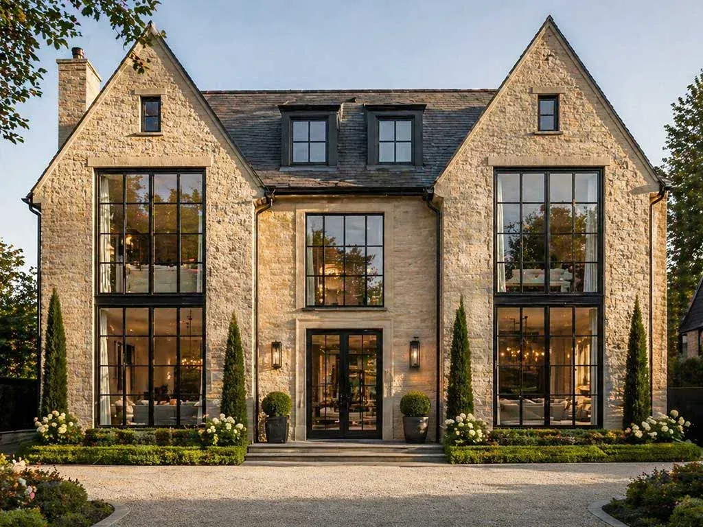 Steel-look dark aluminium windows across a stone house elevation