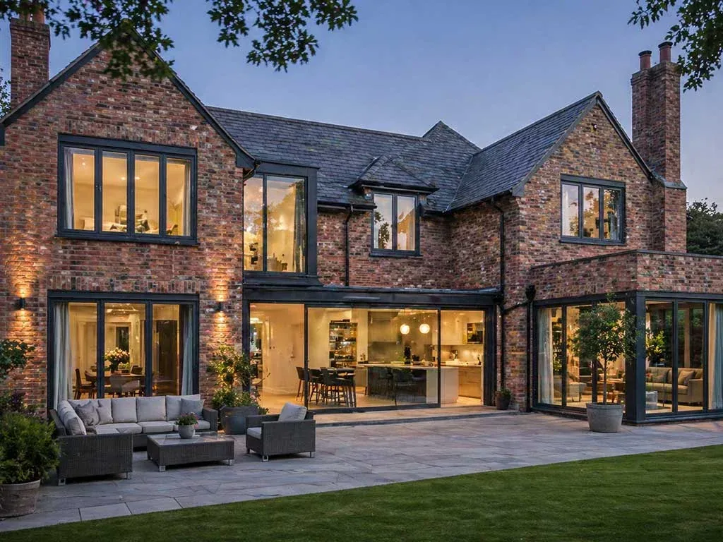 Dark-framed aluminium windows installed in a brick home